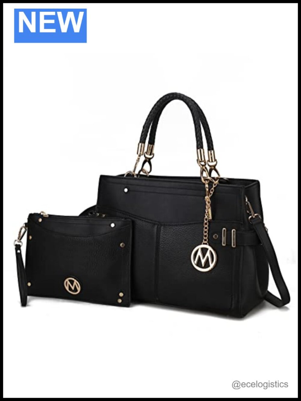Vegan Leather Satchel Crossbody Bag Set - 2 Pieces with Wristlet, Gold Hardware